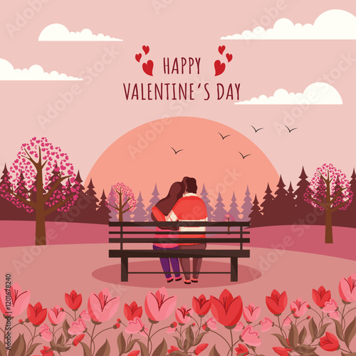 Happy Valentine's Day Greeting Card with Back View of Romantic Couple Sitting on Bench in Floral Garden View.