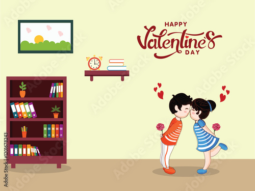 Happy Valentine's Day Poster Design with Cartoon Cute Couple Kissing at Home.
