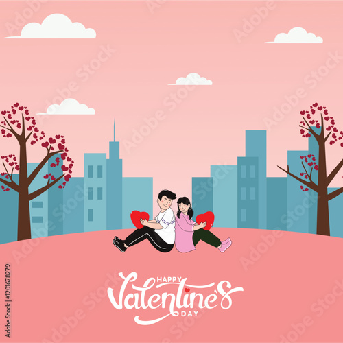 Happy Valentine's Day Poster Design with Cartoon Couple Sitting in Front of Buildings and Heart Trees on Peach Background.