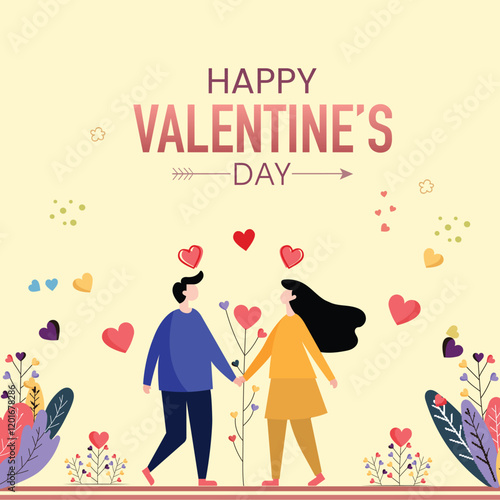 Happy Valentine's Day Greeting Card with Cartoon Couple Walking on Yellow Background.