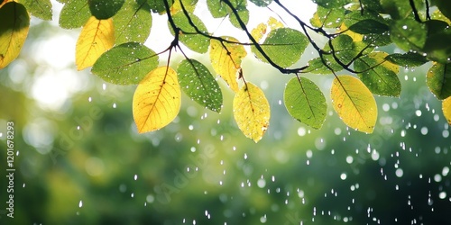 Raindrops gently fall on the branches and leaves during the afternoon, creating a serene atmosphere as the raindrops refresh the foliage and enhance the beauty of nature s branches and leaves. photo