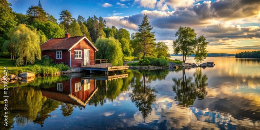 Peaceful Swedish lake house view: breathtaking nature, expertly composed using the rule of thirds. Peaceful Swedish lake house view: breathtaking nature, expertly composed using the rule of thirds.