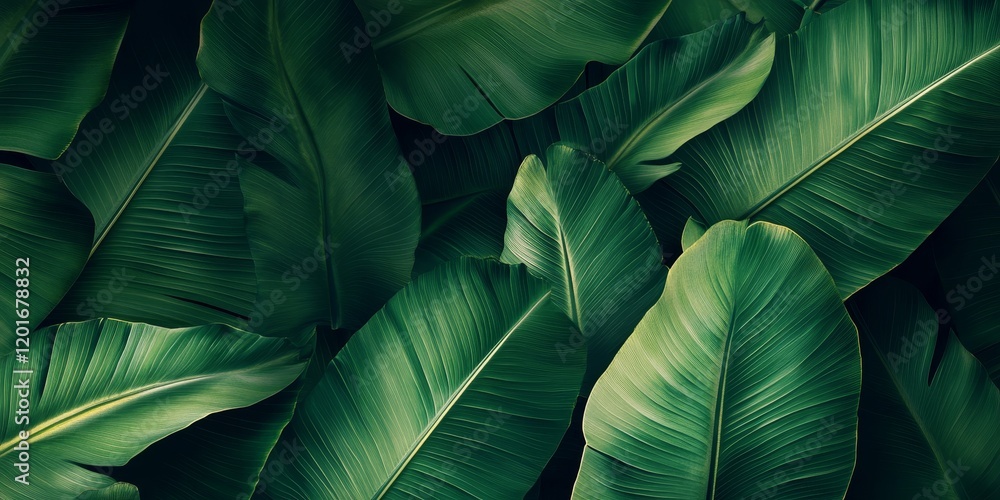 Obraz premium Abstract background featuring vibrant green banana leaves, perfect for design purposes. This banana leaf background offers a fresh and natural aesthetic suitable for creative projects.