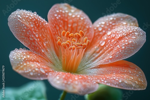 Nahaufnahme von zarten, orangefarbenen Blüten mit Wassertropfen

 photo