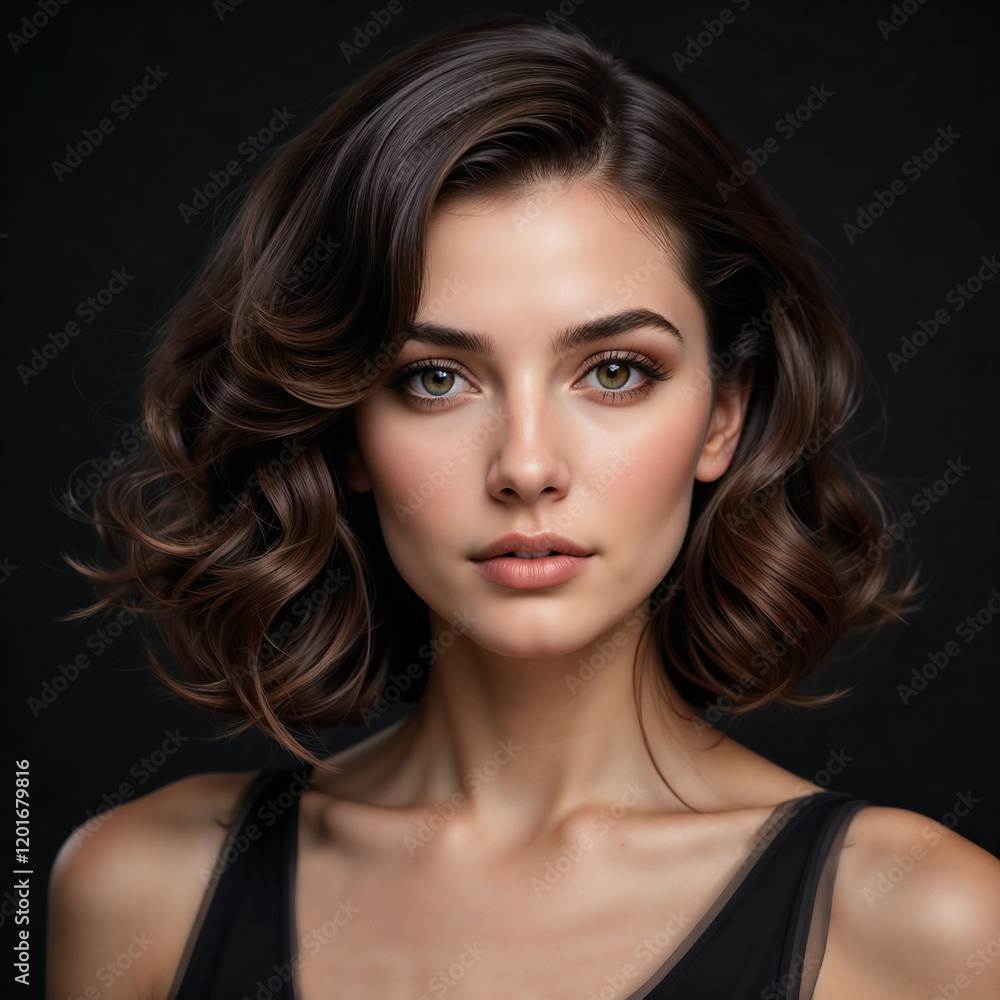 Portrait of woman with curled Italian bob hairstyle, black background Portrait of woman with curled Italian bob hairstyle, black background
