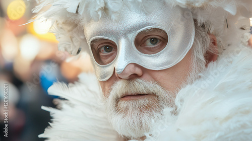 Carnival of Binche, close-up of Gilles with the typical white mask and large feather decoration, serious face in the blurred background of the festive parade, Ai generated images. photo