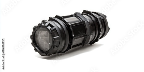 Non lethal flashbang grenade designed for riot police use, showcasing its features and capabilities, isolated on white for clear presentation of this essential flashbang equipment. photo