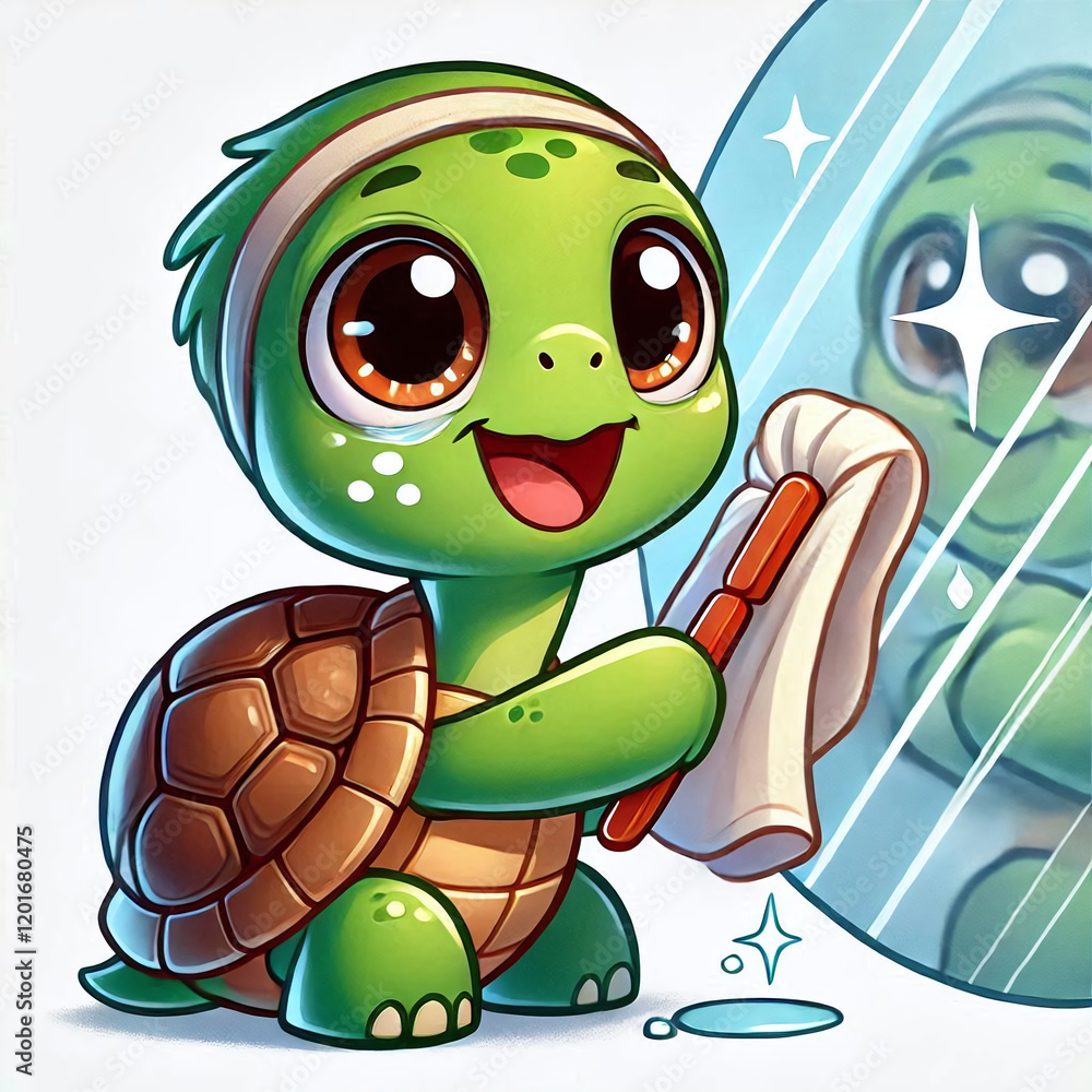 Obraz premium Happy Turtle Holding a Cloth and Cleaning a Sparkling Mirror