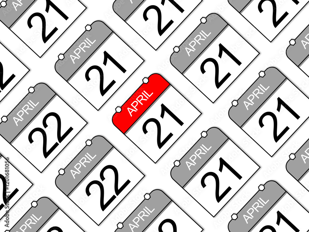 April 21, Daily calendars in repeat on white background, one stands out from the others. April 21, Daily calendars in repeat on white background, one stands out from the others.