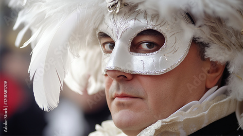 Carnival of Binche, close-up of Gilles with the typical white mask and large feather decoration, serious face in the blurred background of the festive parade, Ai generated images. photo