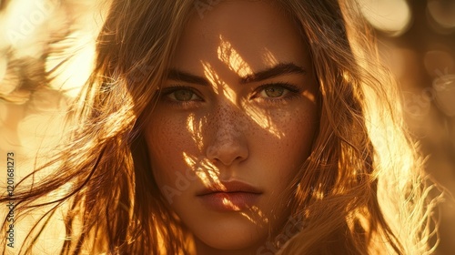 Close-up portrait of a young woman with freckles, golden sunlight illuminating her face and hair.