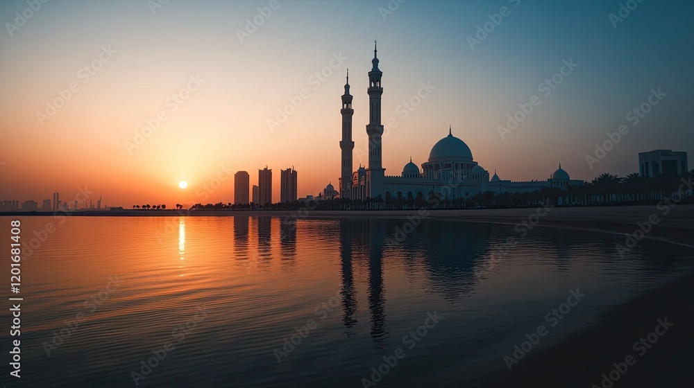 Naklejka premium Sunrise Mosque Reflection Cityscape, Peaceful Dawn