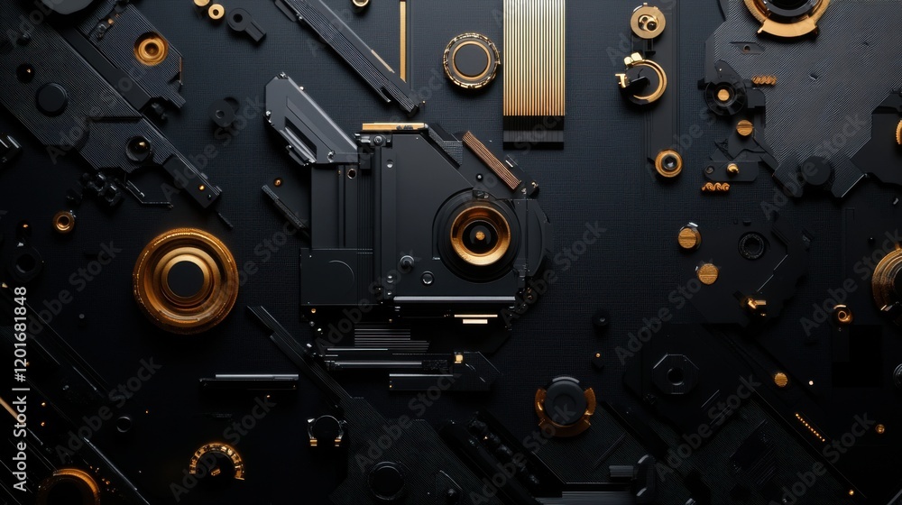 Obraz premium Abstract Close-Up of Dark Technology Background Featuring Metallic Elements with Gold and Black Color Scheme for Innovative Design and Modern Aesthetics