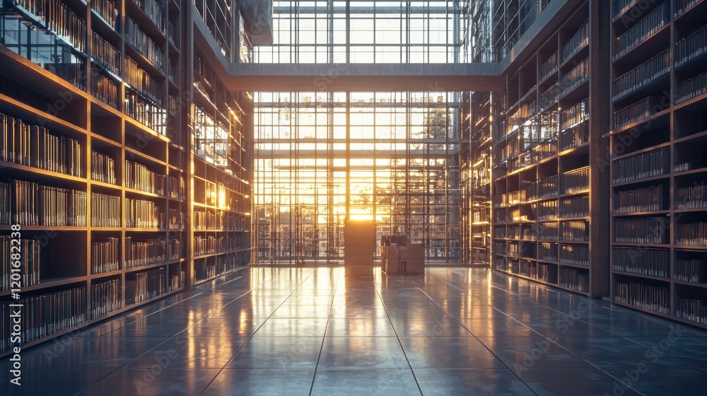 Fototapeta premium Sunlit modern library interior with bookshelves.