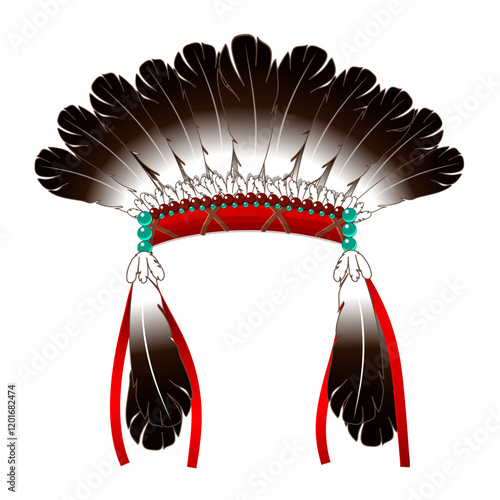 vector Indian short war bonnet. Brown red white crown diadem head wreath halo decoration headband. Clipart isolated on transparent background. 