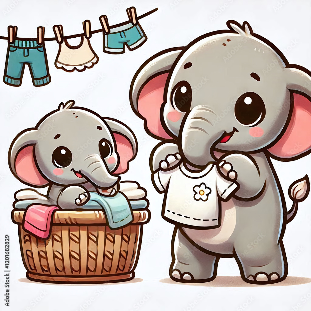 Naklejka premium Warm-Smiling Cartoon Elephant Hanging Clothes with Its Trunk