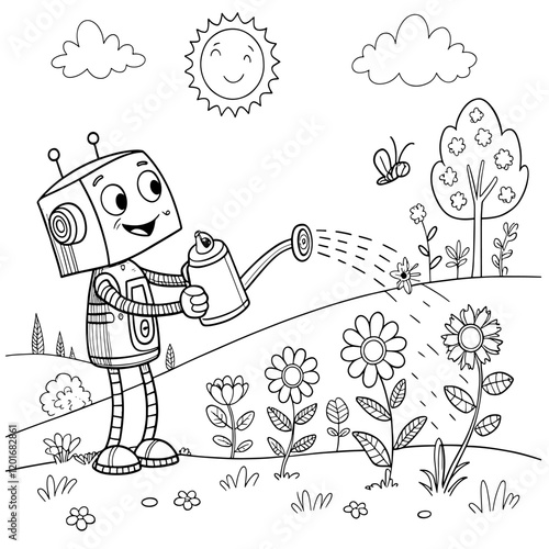 robort are playing . black and white simple line art. Perfect for kids' coloring activities.
