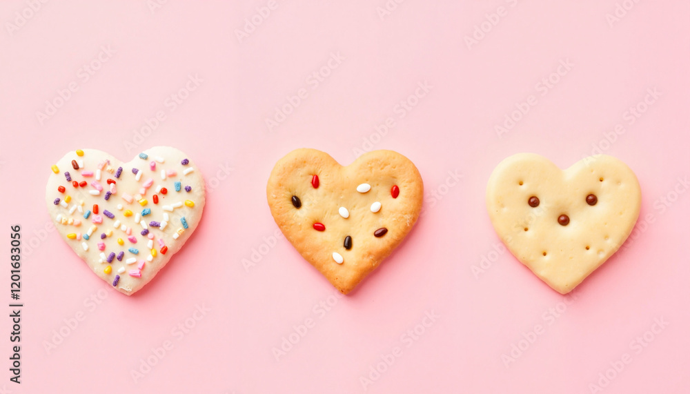 Heart-shaped cookies with colorful sprinkles on pink background Heart-shaped cookies with colorful sprinkles on pink background