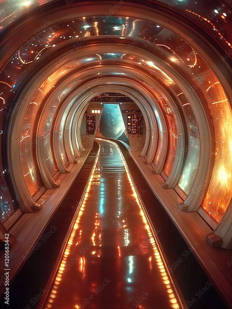 Obraz premium Futuristic spaceship interior with glowing control panels, expansive corridor sci-fi. Generative AI