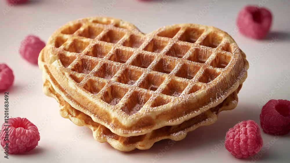 Heart-shaped waffles. Waffles with raspberries. Waffles and cherry blossoms. Valentine's Day at the bakery. Heart-shaped waffles. Waffles with raspberries. Waffles and cherry blossoms. Valentine's Day at the bakery.