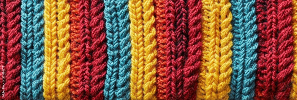 Multicolored knitted pattern with rows of vibrant yarn texture design Multicolored knitted pattern with rows of vibrant yarn texture design