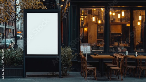 blank vertical bus stop billboard in front of a restaurant