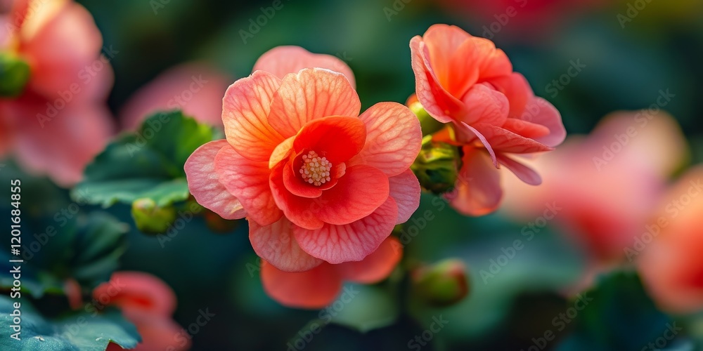 Obraz premium Vibrant wax begonia in bloom, known scientifically as Begonia semperflorens Trophee Rouge, showcases its stunning colors. This wax begonia variety, Trophee Rouge, is perfect for enhancing any garden.