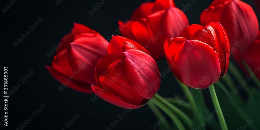 Close up of vibrant red tulips in spring, beautifully contrasted against a black background, showcasing the rich colors and intricate details of spring red tulips. Close up of vibrant red tulips in spring, beautifully contrasted against a black background, showcasing the rich colors and intricate details of spring red tulips.
