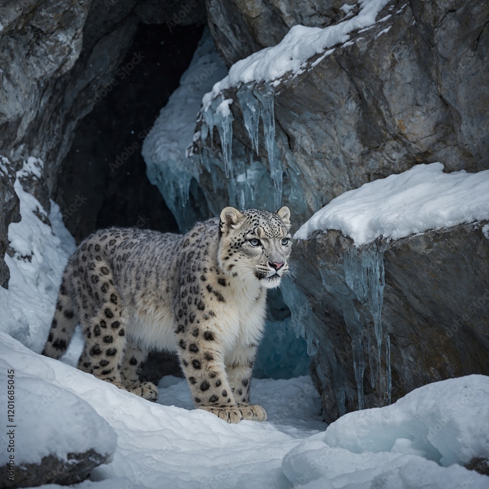 A snow leopard cub exploring an icy cave under its mother’s watchful eyes. A snow leopard cub exploring an icy cave under its mother’s watchful eyes.