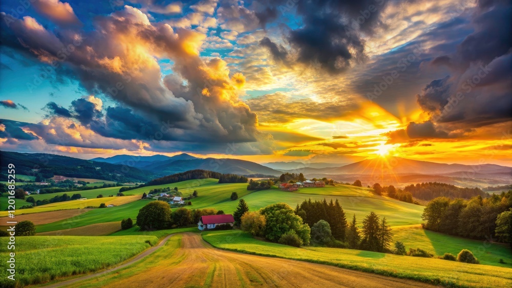 Fototapeta premium Rustic charm bathed in golden light; a breathtaking mountain sunset's embrace.