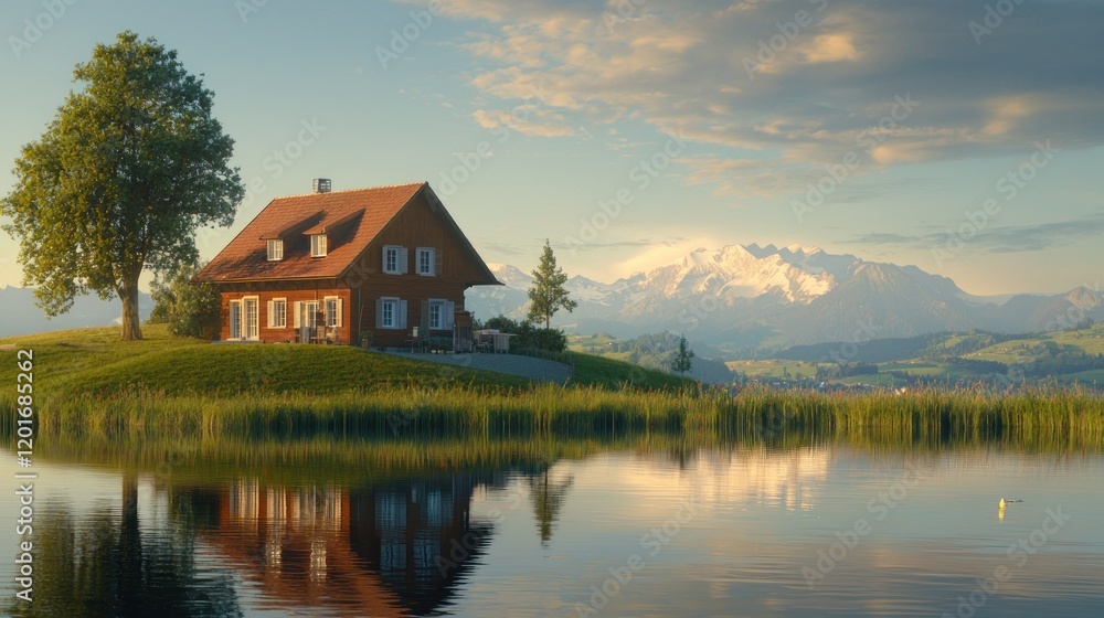 Fototapeta premium Lakeside chalet with mountain view at sunset.
