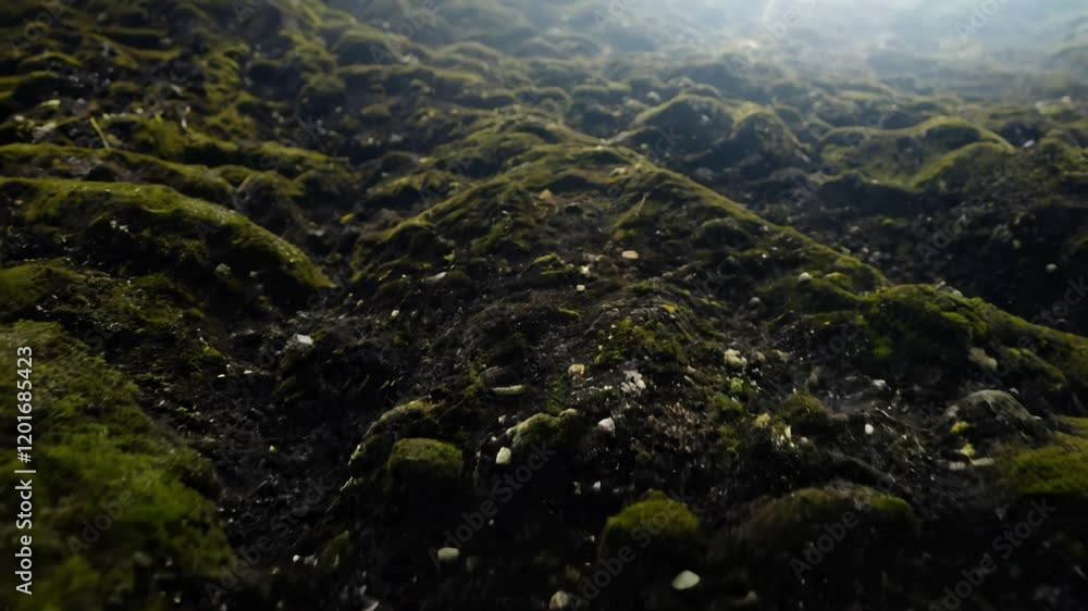 Tracking video along a soil surface covered in lichen and moss, dramatic lighting emphasizes the textures of the soil and the organisms growing on it Tracking video along a soil surface covered in lichen and moss, dramatic lighting emphasizes the textures of the soil and the organisms growing on it