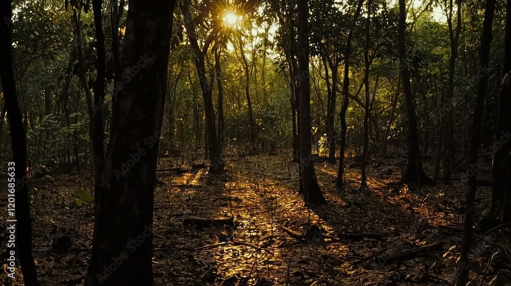 Sun rays through dense forest trees. Sun rays through dense forest trees.