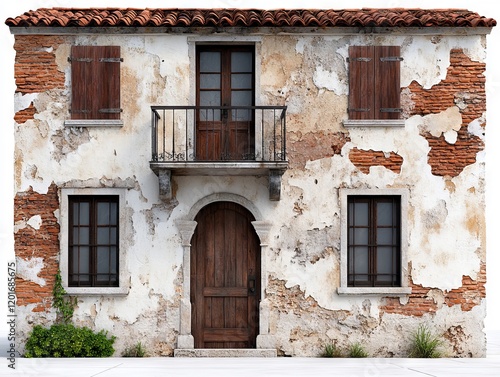 A white building with a brown door and windows photo