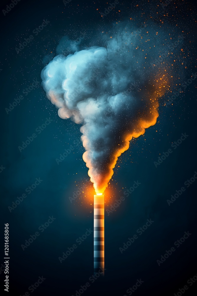 Obraz premium Aerial view of a factory chimney emitting dark smoke at night, highlighting industrial pollution and environmental concerns in an urban landscape.