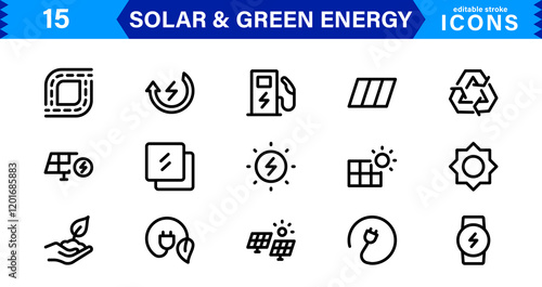 Solar and Green Energy Icon Set. Eco-Friendly Illustrations for Renewable Power, Solar Panels, and Sustainability Solutions photo