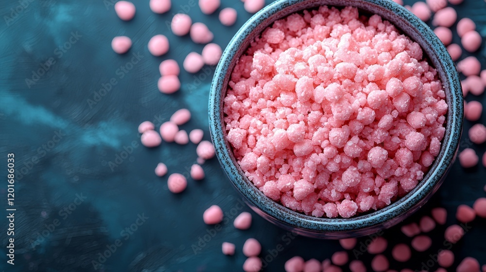 Bowl of pink Himalayan salt on a textured dark background Bowl of pink Himalayan salt on a textured dark background