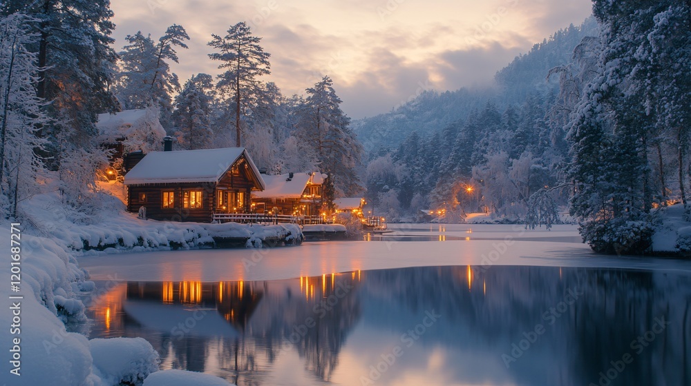 Fototapeta premium winter landscape with house by the river