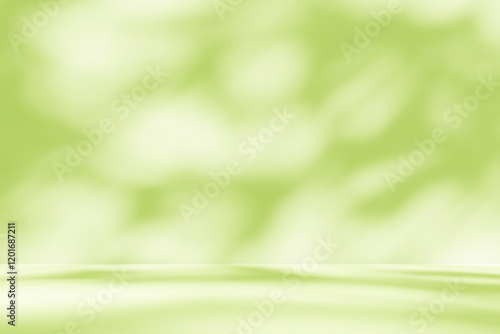 Empty green room studio with sunlight effect shadow of leaves. Minimal background for product presentation. Summer spring backdrop. Cosmetic and beauty products display room.
