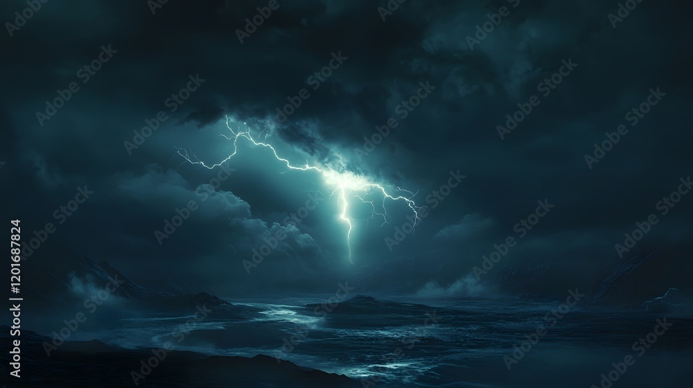 Fototapeta premium Night Storm Over Dark Coastal Mountains