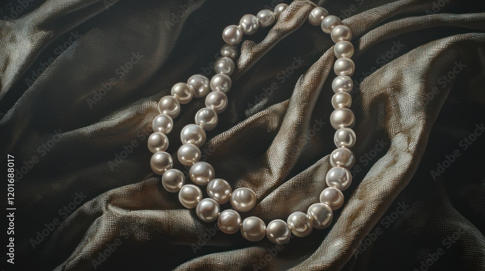 Fototapeta premium Elegant pearl necklace on dark velvet fabric.
