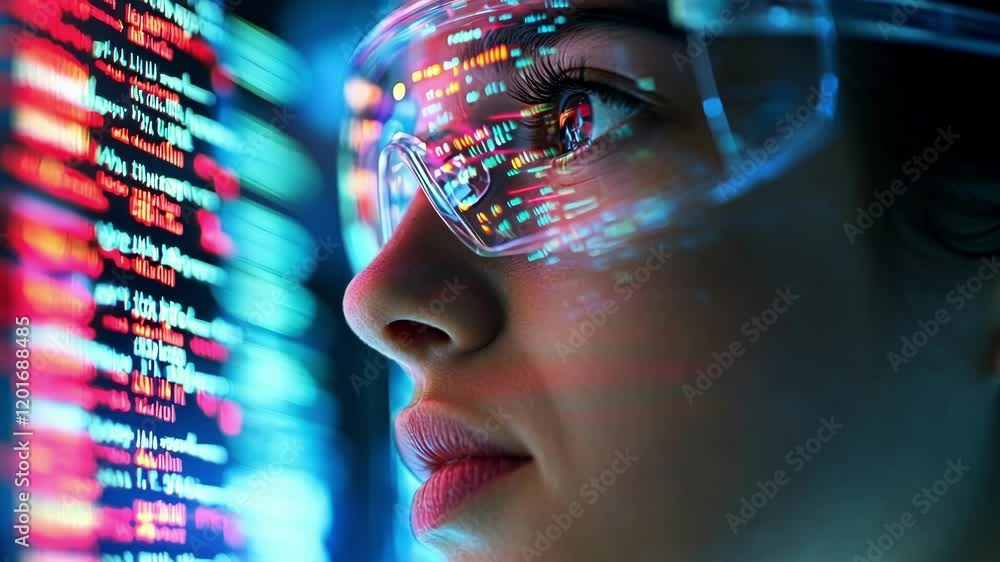 A closeup of a researcher wearing augmented reality glasses interacting with holographic data visualizations to enhance scientific discovery processes. A closeup of a researcher wearing augmented reality glasses interacting with holographic data visualizations to enhance scientific discovery processes.