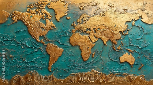 Golden Embossed World Map: A Textured Art Piece