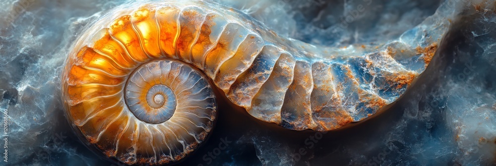 Ammonite stone banner showcasing the intricate and colorful spiral patterns of the fossilized shell, highlighting natural beauty and geological history found in ancient marine environments Ammonite stone banner showcasing the intricate and colorful spiral patterns of the fossilized shell, highlighting natural beauty and geological history found in ancient marine environments