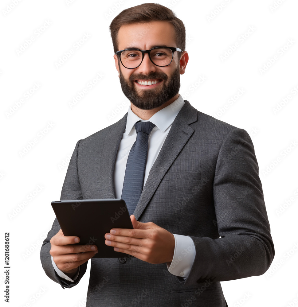 Portrait of a happy young businessman in a suit holding a tablet, on a transparent background Portrait of a happy young businessman in a suit holding a tablet, on a transparent background