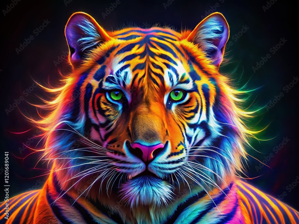 Vivid Neon Tiger Portrait: Abstract Digital Low-Light Art Vivid Neon Tiger Portrait: Abstract Digital Low-Light Art