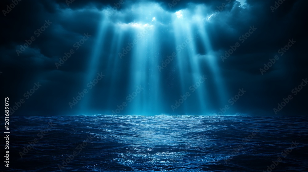 Naklejka premium Dark Ocean Scene With Light Beams Piercing Clouds