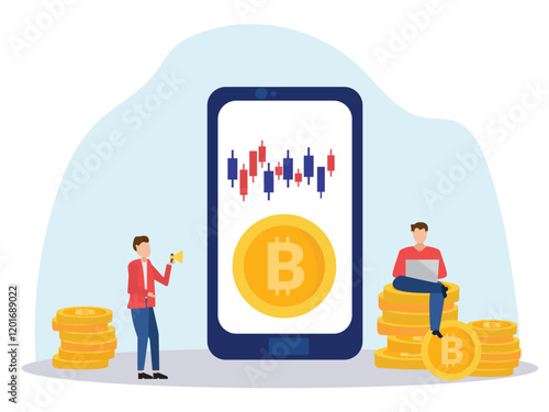 Business people with big smartphone and bitcoin cryptocurrency money and using laptop for online funding and making investments for bitcoin. Digital Money. Cryptocurrency Investment Concept.