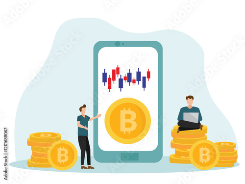 Business people with big smartphone and bitcoin cryptocurrency money and using laptop for online funding and making investments for bitcoin. Digital Money. Cryptocurrency Investment Concept.
