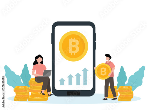 Young man standing near big smartphone and holding bitcoin cryptocurrency money in hand and young woman using laptop for online funding and making investments for bitcoin.Digital Money. Cryptocurrency